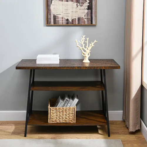 Miniatura 4 de Mesa consola con mesa dentada, mesa de entrada de madera maciza con estante de almacenamiento, mesa de pasillo rústica de 3 niveles, mesa de sofá