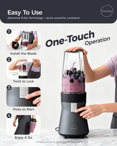 Miniatura 6 de iCucina Licuadora de batidos, licuadora personal para batidos y batidos, tecnología de pulso de 700 W, licuadoras de una sola porción con 2 vasos