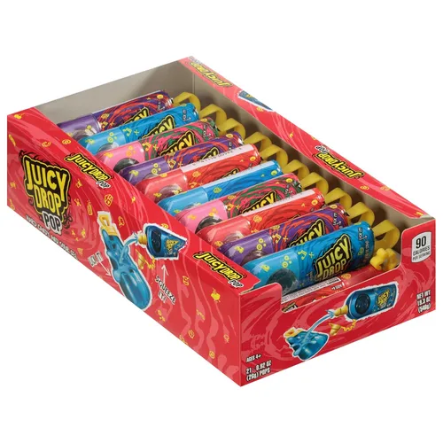 Miniatura 10 de Juicy Drop Paletas de caramelo ácido, 9 unidades de paletas dulces con gel agrio en varios sabores afrutados, tamaño completo, paquete variado