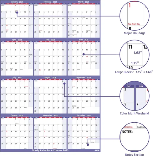 Miniatura 3 de Calendario anual de pared 2025 – Calendario anual grande 2025, enero 2025 – diciembre 2025, 25.2 x 38.2 pulgadas (abierto), calendario 2025