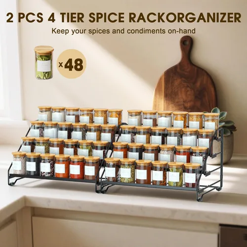 Miniatura 5 de Jolitac Organizador de especias de 4 niveles, estante ajustable de profundidad, estante de especias de metal, perfecto para almacenamiento
