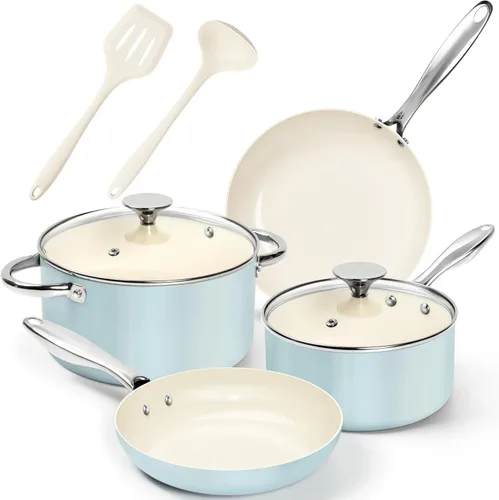MICHELANGELO Juego de ollas y sartenes antiadherentes, 8 piezas de cerámica con infusión de Ti, con utensilios de silicona, compatible con
