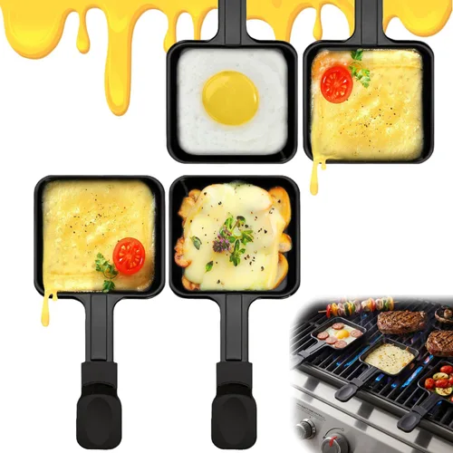 Paquete de 4 sartenes de raclette prémium con mango extendido, mini sartenes antiadherentes para fundir queso para barbacoa al aire libre, sartén