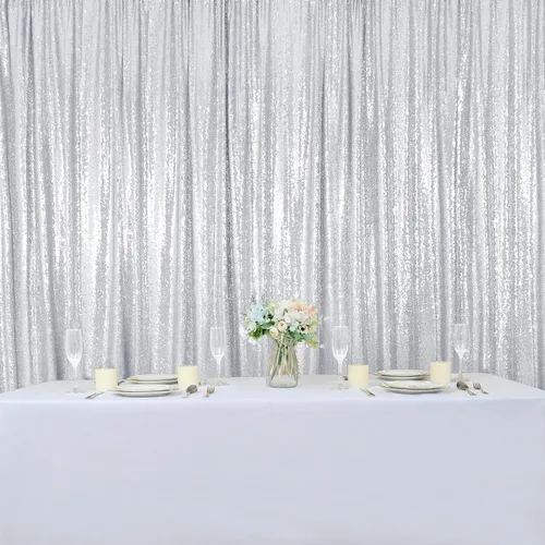 Miniatura 7 de Hahuho - Cortina de fondo de lentejuelas plateadas, 4 piezas de 2 x 8 pies, cortina de fondo con purpurina para fiestas, Navidad, boda, decoración