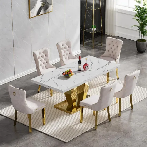 Miniatura 28 de Juego de mesa de comedor de mármol sintético, 7 piezas, juego de mesa de cocina y comedor para 6, mesa de comedor rectangular blanca de 70 pulgadas
