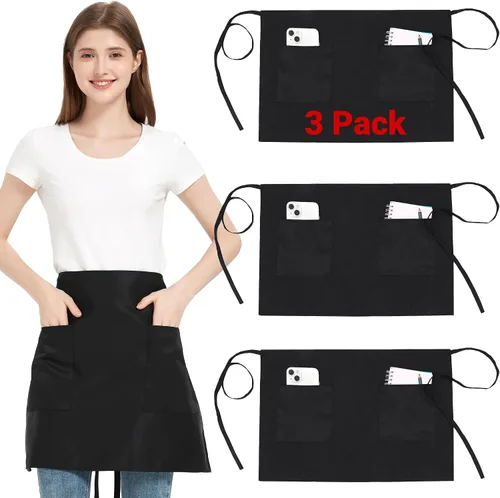 Paquete de 3 delantales de cintura con 3 bolsillos, delantales de camarero unisex negros, delantales resistentes al agua para restaurante, chef y bar