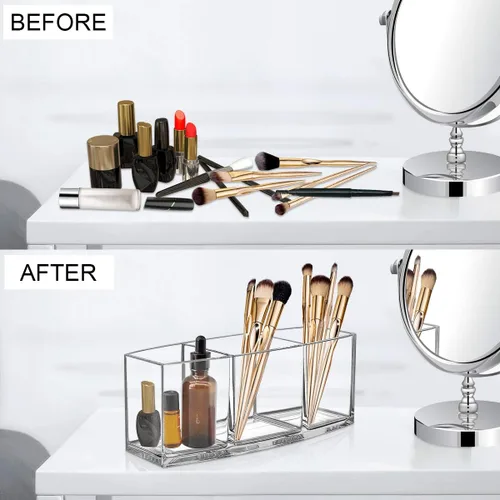 Miniatura 5 de Organizador de brochas de maquillaje transparente, organizador de brochas de maquillaje acrílico de alta calidad, 3 compartimentos, soporte