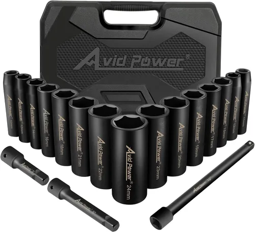 AVID POWER Juego de llaves de impacto de 18 piezas, 1/2 pulgada, enchufes de tamaños métricos de 0.394-0.945 in y barra de extensión de 3 pulgadas,