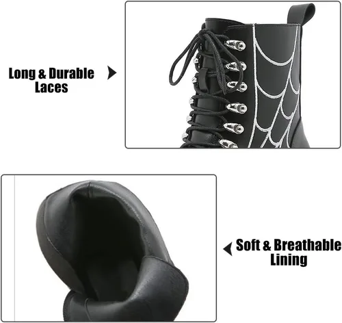 Miniatura 3 de mikarka Botas de plataforma con cadena para mujer, con cordones y cremallera, tacón grueso, botines de combate negros, botas de motocicleta