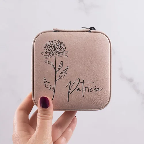 Miniatura 8 de Joyero de cuero personalizado con nombre y mes de la flor de nacimiento, regalos de cumpleaños para mujeres, estuche de viaje de joyería Negro