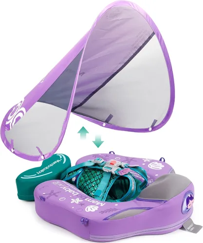 Mambobaby - Flotador con cola y toldo para bebé, anillo de natación para cintura infantil, entrenador de natación y flotador no inflable con correa