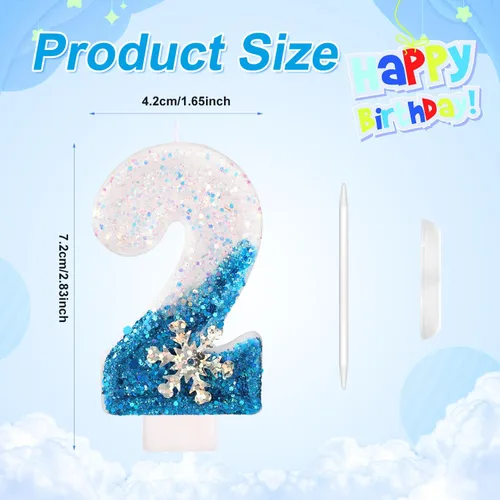 Miniatura 2 de Velas de cumpleaños del 0 al 9, velas de números con purpurina de copo de nieve, decoración de pasteles blancos y azules para niños y adultos