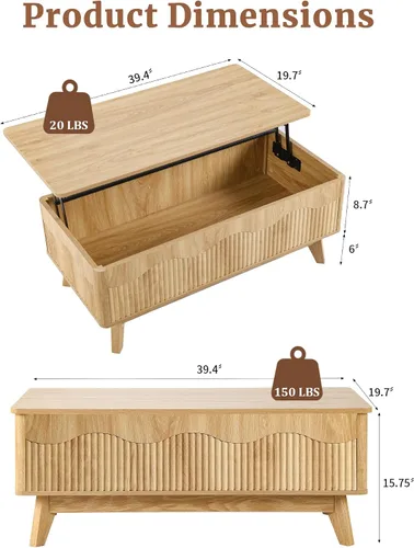 Miniatura 3 de BERRYMERRY Mesa de centro elevable con almacenamiento oculto, mesa de centro acanalada de granja con perfil ondulado, mesa central rectangular Roble