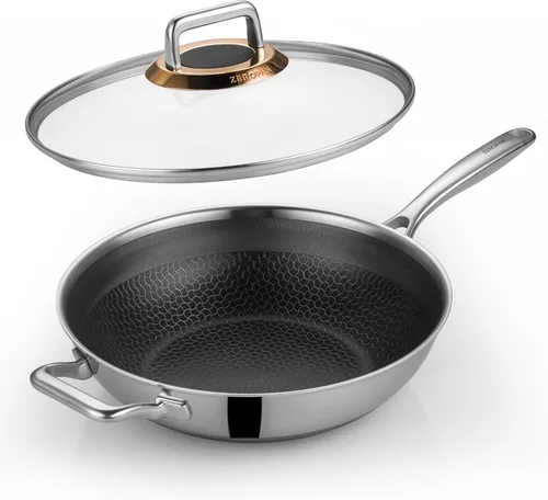 Wok híbrido de 12 pulgadas con tapa, woks antiadherentes de acero inoxidable y sartenes para freír, sartén wok, PFAS PFOA sin PTFE, apto para