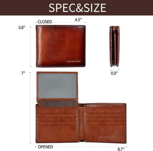 Miniatura 6 de Cartera de piel auténtica para hombre, con bloqueo RFID, plegable, elegante, con 2 ventanas de identificación, Marrón, Minimalista