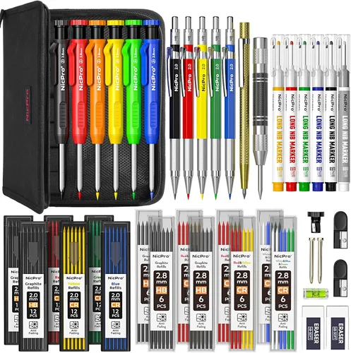 Miniatura 8 de Nicpro Juego de 28 lápices de carpintero con sacapuntas, lápices mecánicos de carpintero con 127 recambios y herramienta de grabado de carburo