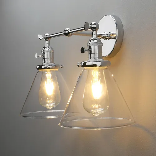 Miniatura 8 de PERMO Aplique doble cromado industrial de 2 luces, apliques de pared con pantalla de vidrio transparente acampanada en forma de embudo, luz