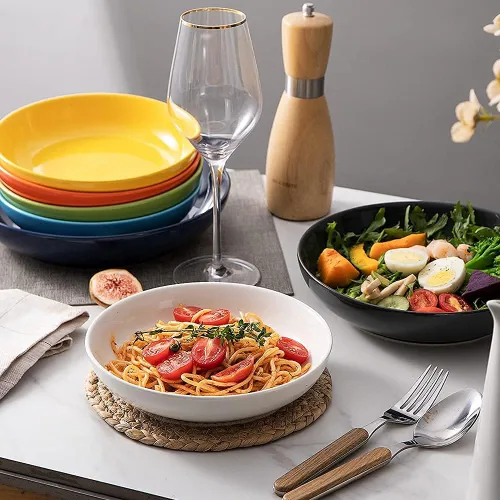 Miniatura 4 de Sweejar Tazones para pasta, platos llanos de cerámica, cuencos de ensalada de 25 onzas para servir, sopa, postre, pizza, fruta, filete, microondas