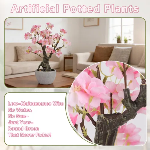 Miniatura 7 de KAIRNE Maceta floral de cerezo rosa artificial, 15.7 pulgadas de alto, plantas falsas de bonsái, plantas de imitación de flores, ramas decorativas
