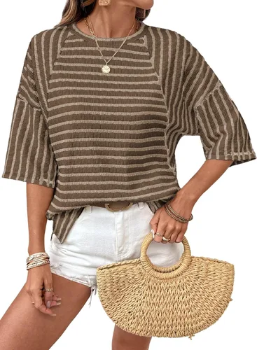 Miniatura 10 de Dokotoo Camisetas de verano para mujer, camisetas de gran tamaño para mujer, a rayas, bloques de color, manga corta, cuello redondo, blusas casuales