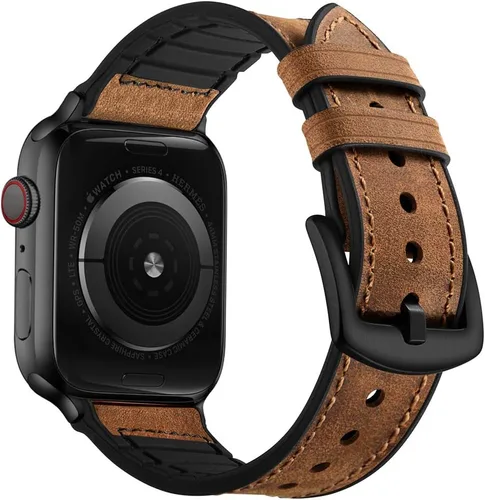 Miniatura 19 de OUHENG Correas de cuero compatibles con Apple Watch de 42mm 41mm 40mm 38mm, correa híbrida de cuero genuino y goma para iWatch Series 11 10 9 8 7 6