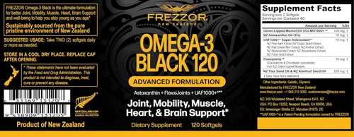Miniatura 2 de FREZZOR Omega 3 Black - Cápsulas de aceite de mejillón con labios verdes, fabricadas en Nueva Zelanda, UAF1000+, sin regusto a pescado, 120