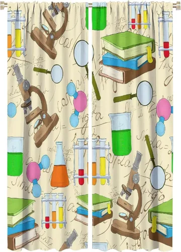 Miniatura 59 de Cortinas opacas para ventanas de ciencia para niños, lupa de libro de laboratorio de ciencia, lupa, frascos moleculares, cortinas impresas