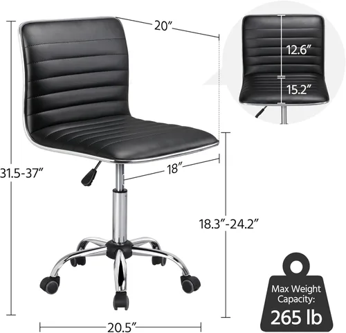 Miniatura 3 de Yaheetech Silla de escritorio ajustable de trabajo de piel sintética con respaldo bajo acanalado, sin reposabrazos, giratoria, negra, con ruedas