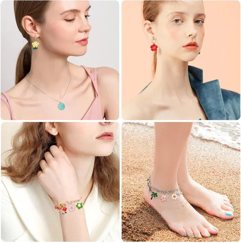 Miniatura 6 de MARFOREVER 120 dijes con temática floral de primavera y verano, dijes de flores para hacer joyas, colgantes de esmalte dorado surtidos