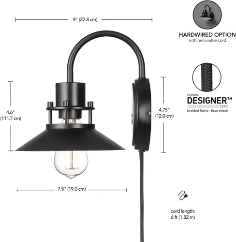 Miniatura 4 de Globe Electric Wren - Aplique de pared de 1 luz, negro mate, cable de diseño de tela trenzada negra de 6 pies, interruptor basculante