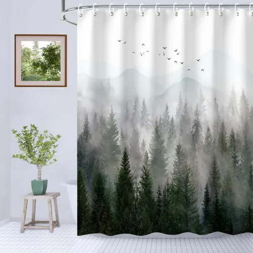 Miniatura 23 de RosieLily Cortina de ducha con diseño de lago de montaña, cielo nocturno estrellado, paisaje de luna y bosque para baño, 72 pulgadas de ancho x 72