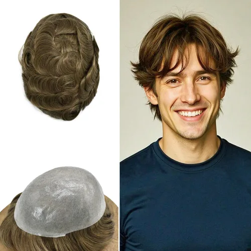 Miniatura 60 de Tupé para hombre, extensiones de cabello humano Remy para hombre, piel fina, 0.002 in, sistema de reemplazo de cabello con bucle en V para hombres