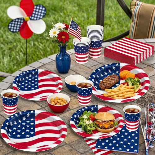 Miniatura 4 de 96 Pcs 4th of July Party Supplies Set, American Flag Patriotic Plates Napkins Cups, Disposable Red White Blue Star and Striped Dinnerware USA Flag