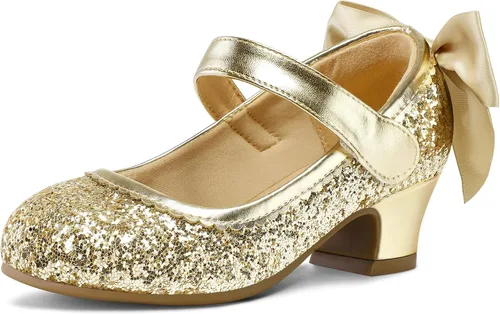 Miniatura 9 de K KomForme Zapatos de vestir para niñas con purpurina Mary Jane tipo pump con lazo, tacón bajo para fiestas y bodas, zapatos de princesa