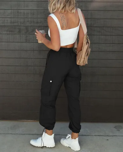 Miniatura 7 de Pantalones de paracaídas para mujer, cintura alta elástica, pantalones cargo Y2K holgados con 4 bolsillos