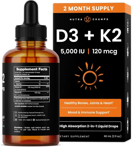 Miniatura 8 de NutraChamps Gotas de vitamina D3 K2, vitamina líquida D3 5000 UI y K2 D3 con MK7, gotas de vitamina D para niños, huesos, salud cardíaca e