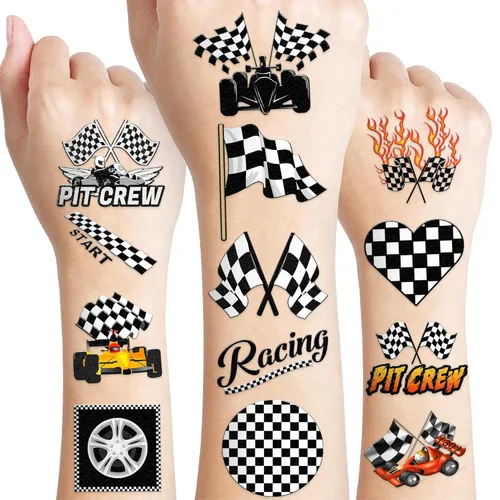 60 calcomanías de tatuajes temporales en blanco y negro con divertidos diseños de carreras de autos de carreras, suministros de decoración para