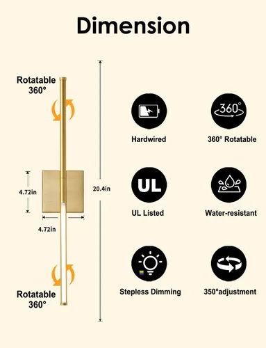 Miniatura 7 de KARTOOSH Juego de dos apliques de pared modernos, apliques de pared regulables con cableado, rotación de 350°, lámparas de pared LED de latón