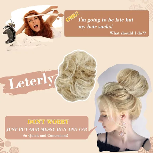 Miniatura 6 de Moño desordenado, extensiones de cabello sintético con clip de garra, para mujer, rubio ceniza, mezcla de rubio decolorado