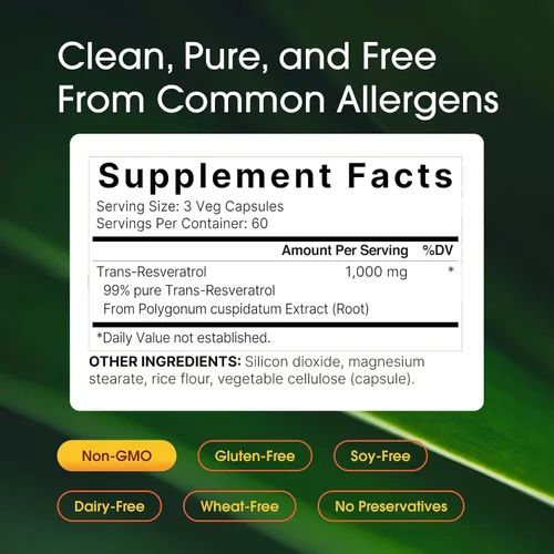 Miniatura 3 de NatureBell Resveratrol - 180 cápsulas vegetarianas - 1,000 mg de extracto de Polygonum Cuspidatum - Apoyo antioxidante - Corazón, cerebro