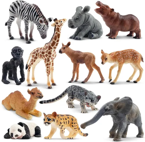 Toymany 12 figuras de animales del bosque, figuras realistas de animales del bosque, juguetes incluyen elefante, león de montaña, jirafa y cachorros