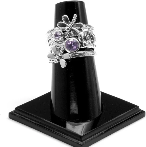 Miniatura 4 de Silvershake Juego de 4 anillos apilables de plata de ley 925 con piedras preciosas de libélula y flores para mujer, múltiples formas de uso