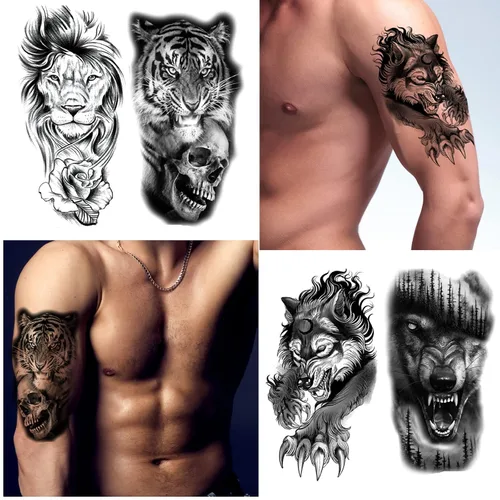 Miniatura 3 de Tatuajes temporales de animales, 15 hojas de tigre negro león lobo tótem adulto tatuajes temporales, tatuajes falsos hombres