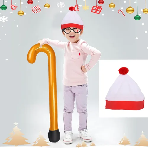 Miniatura 6 de Red White Beanie Hat Costume Accessory Pompom Beanie Cosplay Glasses Inflatable Walking Sticks for Halloween Christmas