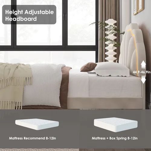 Miniatura 5 de HIFIT Marco de cama LED inteligente tapizado completo con cabecera ajustable de pétalos elegantes, marcos de cama de plataforma de tamaño completo