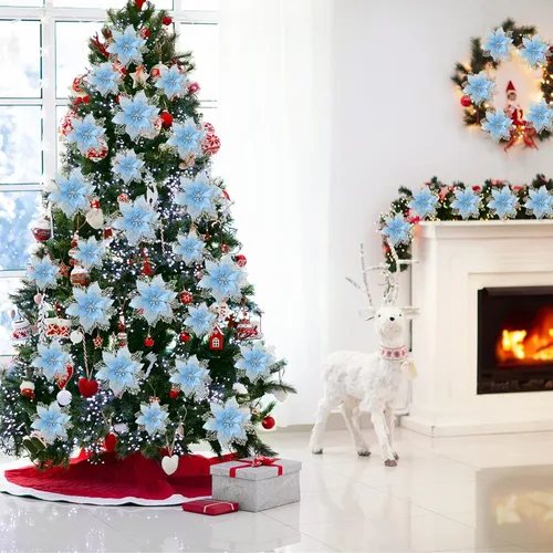Miniatura 7 de Geosar 24 piezas de flores de Pascua con purpurina para Año Nuevo, flores artificiales en capas, adornos para árbol de boda y Año Nuevo, 3/4/6 Azul