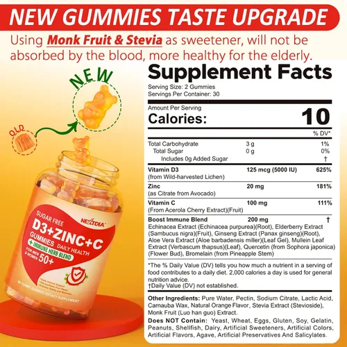 Miniatura 2 de Gomitas de vitamina C + D3 + zinc sin azúcar para adultos mayores de 50 años, suplemento de defensa inmunológica 9 en 1 con D3 5000IU, saúco