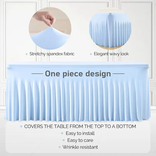 Miniatura 2 de Paquete de 1 manteles azul bebé para mesas rectangulares de 4 pies, cubiertas de mesa de spandex elástico de una pieza resistentes a las arrugas