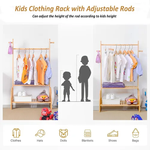 Miniatura 2 de BAMBOOHOMIE Perchero de ropa para niños con varillas ajustables, perchero de ropa para niños, bebés, mascotas, perchero para niños con 2 estantes