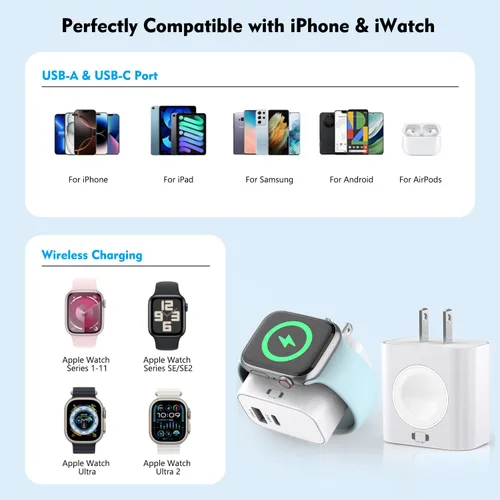 Miniatura 7 de Cargador de Apple Watch, magnético inalámbrico para carga de Apple Watch, paquete de 2, 23 W de doble puerto (USB-C + USB-A), bloque de carga rápida